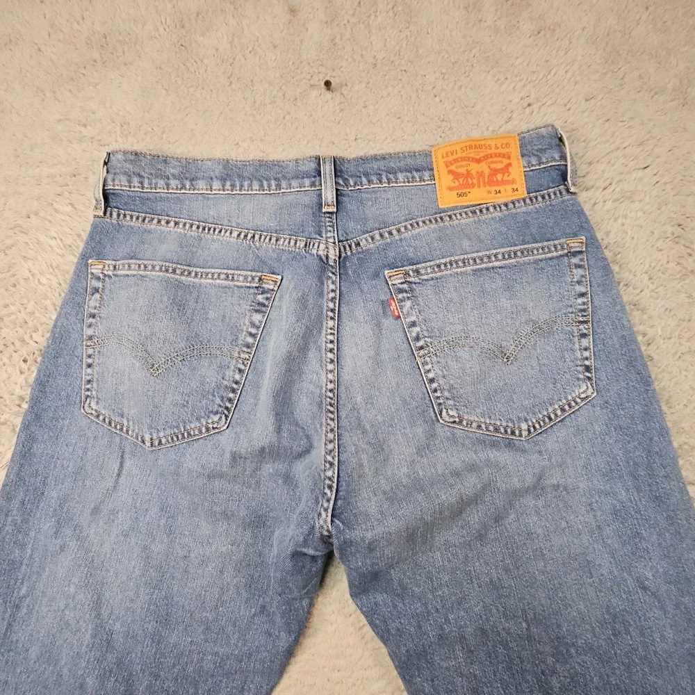 Levis 505 Jeans Mens 34x34 Blue Stretch Denim Relaxed Dad Light Wash Fade Grunge